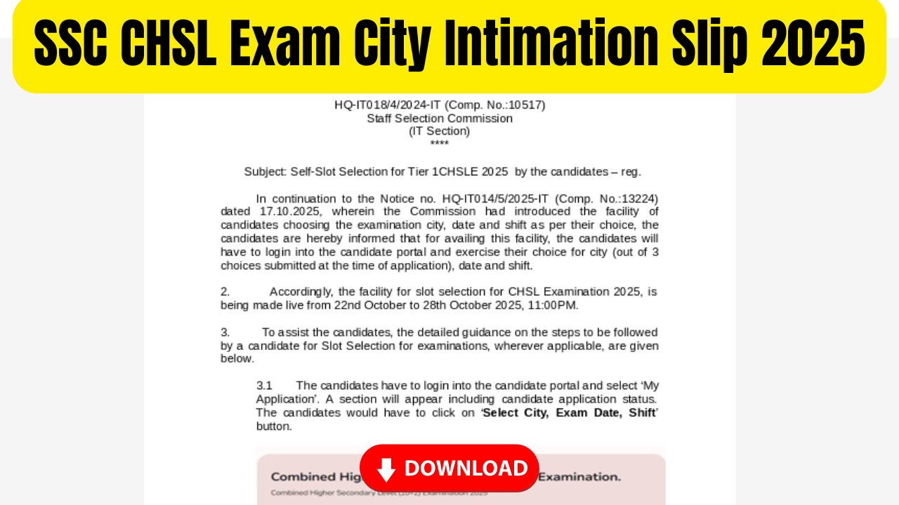 SSC CHSL Exam City Intimation Slip 2025